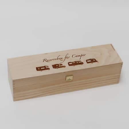 Holzbox für 1 Flache mit Lasergravur "Reservebox für Camper"