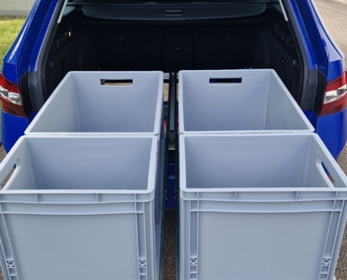 Minicamper-Heckausbau mit Schwerlastauszügen für Euroboxen